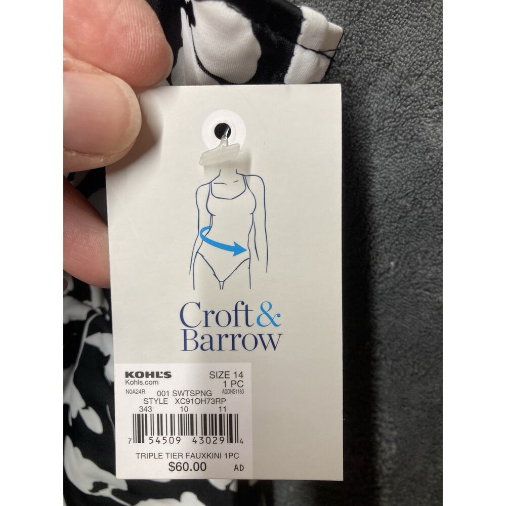 NWT Croft & One Piece Tummy Control Swimsuit Tiered Floral Black White Sz 14 - Picture 6 of 10